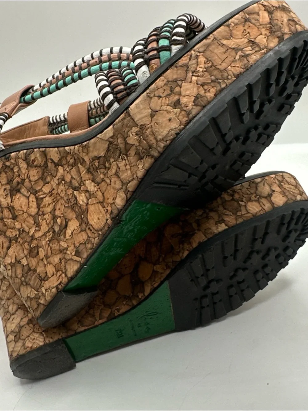 Donald J. Pliner Cork Wedge Sandals Turquoise White & Black Straps Sz 7 1/2
